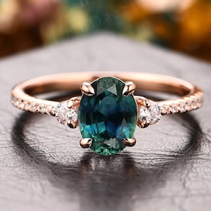14k Gold Genuine Teal Sapphire Ring, Oval Cut Gemstone Engagement Ring