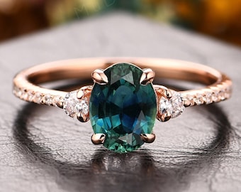 14k Gold Genuine Teal Sapphire Ring, Oval Cut Gemstone Engagement Ring