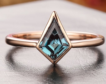 Kite Cut Alexandrite Ring, Bezel Set Rose Gold Engagement Ring