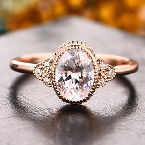 Vintage Simulated Diamond Ring// 6x8mm Oval Moissanite Engagement Ring// Ring Gift for Mother// Moissanite Matching Ring 14k/18k Rose Gold