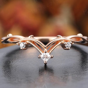 Antique Curved Moissanite Diamond Stacking Ring Band Solid Rose Gold Wedding Band Jewelry for Women Lover//Tiara Style Matching Band Jewelry
