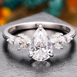 Cluster Simulated Diamond Ring// Unique Moissanite Wedding Ring Rose Gold// Pear Shaped Moissanite Engagement Ring/ Anniversary Gift For Her