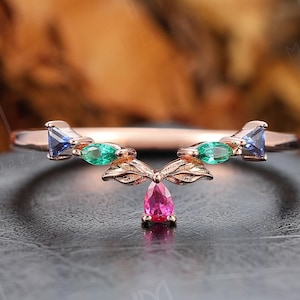 Natural Inspired Gemstone Stacking Band Solid Rose Gold Curved Sapphire Emerald Ruby Birthstone Wedding Band Jewelry Anniversary Ring Gift
