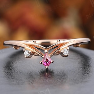 Elegant Pink Ruby Matching Ring Band Solid Gold Ring Gift for Lover Ladies Kite Cut Ruby Wedding Band Jewelry Anniversary Ring Stacking Band
