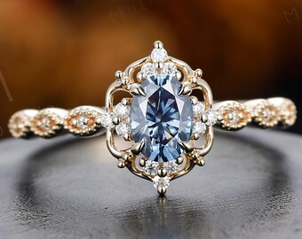 Classic 5x7mm 1.0CT Oval Blue Moissanite Engagement Ring, Solid Gold Pave Setting