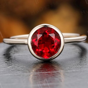 Red Ruby Engagement Ring 14K Solid Yellow Gold Wedding Promise Ring Women Soliatire Bezel Set 7mm Round Ruby Anniversary Ring for Her Lover