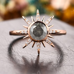 Delicate Gray Moissanite Engagement Ring Rose Gold// Art Deco Salt & Pepper Moissanite Proposal Ring// Antique Moissanite Wedding Ring Gift