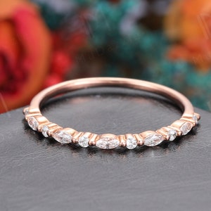 Danity Rose Gold Wedding Band Women Unique Marquise Cut Moissanite Wedding Band//Vintage Bridal Half Eternity Stacking Matching Promise Gift