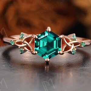 Nature Inspired Green Emerald Gemstone Cluster Ring Jewelry Gift// Danity Prong Set Hexagon Cut Emerald Engagement Bridal Ring Solid Gold