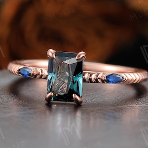 Peacock Sapphire verjaardagsring kerstcadeau voor vrouwen//14K roségoud 1,0 CT radiaal geslepen verlovingsring blauwgroene saffierbeloftering