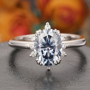 Blue Moissanite Engagement Wedding Ring 14k/18k Rose Gold// Plain Gold 6x8mm Oval Cut Blue Moissanite Bridal Anniversary Ring// Halo Jewelry