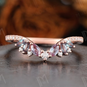 V Style Unique Marquise Cut Alexandrite Wedding Band Bridal Ring// Stacking Matching Promise Ring// Curved Wedding Vintage Alexandrite Band
