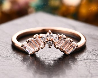 Curved Ring Enhancer// Baguette Cut Moissanite Ring Guard// Simulated Diamond Stacking Band// Vintage Moissanite Women's Ring Band Rose Gold