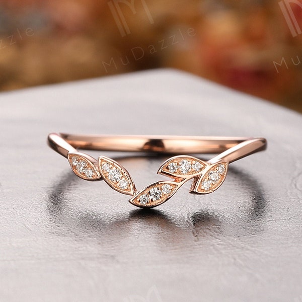Vine Shaped Stackable Ring Solid Rose Gold// Wedding Ring Band// Leaf Shaped Moissanite Matching Band// Stacking Ring// Ring Guard Enhancer