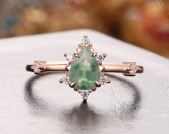 Moss Agate Proposal Ring Green Gem Wedding Ring// Antique 0.8CT Pear Cut Natural Moss Agate Engagement Ring 18k Rose Gold// Birthstone Ring