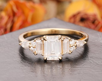 5x7mm Emerald Cut Moissante Lab Diamond Brial Ring Solid Rose Gold// Anniversary Ring for Her// Simulated Diamond Women's / Wedding Jewelry