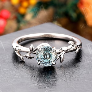 6.5mm Portuguese Cut Cyan Blue Moissanite Engagement Ring// Leaf Shape Ring// Blue Moissy Portuguese Cut Wedding Ring// Anniversary Gift Her
