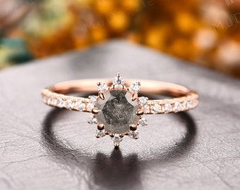 Halo Salt & Pepper Diamant Frauen Ehering Rose Gold 18k // Vintage Natürlicher Diamant Verlobungsring // Jahrestag Versprechen Vorschlag Ring