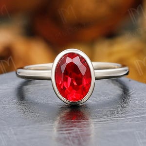 14K Gold Oval Cut 6x8mm Ruby Graduation Gift// July Birthstone Ring for Women// Bezel Set Red Ruby Diamond Promise Event Ring// Gift for Her