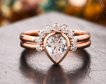 Art Deco Teardrop Shaped Moissanite Wedding Ring Set// Simulated Diamond Ring Set// Tiara Moissanite Engagement Ring Set//14k Rose Gold Ring