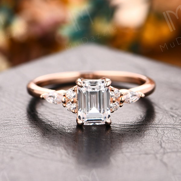 Vintage Emerald Cut Moissanite Engagement Ring// Delicate Anniversary Ring// Prong Set Simulated Diamond Ring Milgrain Antique Wedding Ring