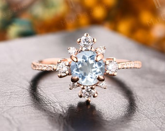 Natural Aquamarine Ring// Women's Ring// Daily Ring// 6mm Round Cut Natural Aquamarine Wedding Engagement Ring 18k Rose Gold/Birthstone Ring