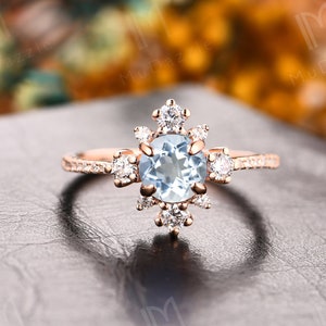 Natural Aquamarine Ring// Women&#39;s Ring// Daily Ring// 6mm Round Cut Natural Aquamarine Wedding Engagement Ring 18k Rose Gold/Birthstone Ring