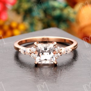 White Sapphire Ring// 6mm Princess Cut White Sapphire Engagement Ring Rose Gold// Antique Ring// White Gemstone Women&#39;s Ring// Proposal Ring
