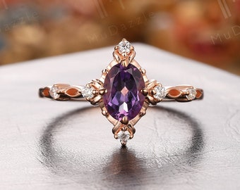 Natural Amethyst Engagement Ring// Women's Ring Rose Gold// Art Deco Amethyst Wedding Ring// Anniversary Gift// Gorgeous Oval Amethyst Ring