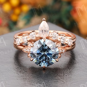 Blue Moissanite Bridal Sets 14k Solid Gold// 2.0ct 8mm Round Cut Grey Blue Moissanite Engagement Rings Set// Anniversary Proposal Ring Gift