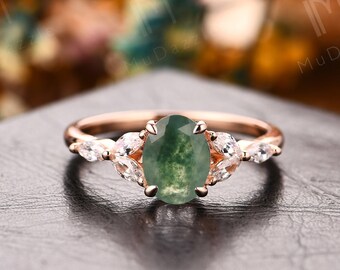 6x8mm Oval Cut Natural Moss Agate Wedding Ring// Dainty Bridal Ring// Handcrafted Engagement Ring// Unique Women's Jewelry// Gemstone Ring