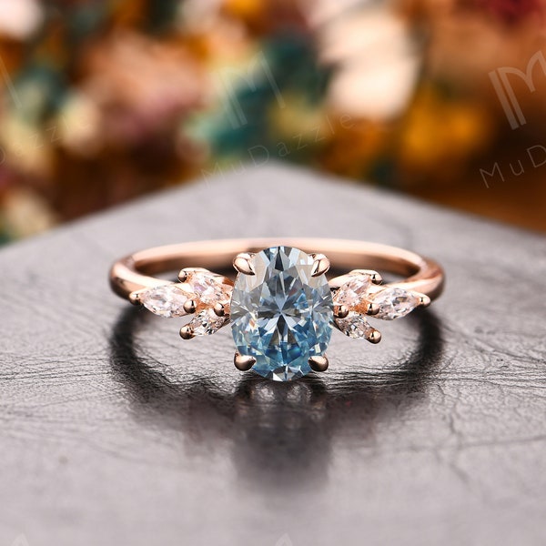Cyan Blue Gemstone Women's Ring Solid Rose Gold/ 14k Gold Light Blue Moissaniye Ring// Dainty Promise Bridal Ring// Valentine's Gift Ring