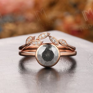 Bezel Set 6.5mm Round Salt Pepper Moissanite Wedding Ring Set// Solitaire Ring// Grey Moissanite Bridal Set/Antique Gray Moissanite Ring Set