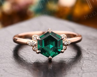 Hexagon Emerald Engagement Ring, 1.35CT Lab Grown Green Gem May Birthstone Promise Jewelry