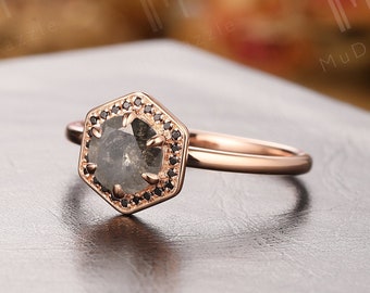 Antique Rose Gold Black Moissanite Engagement Ring, Black Spinel Accents