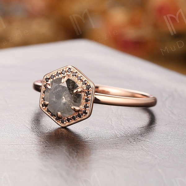 Antique Salt and Pepper Diamond Engagement Ring// 6.5mm Round Cut Salt & Pepper Diamond Proposal Ring// Accents Black Diamond Wedding Ring