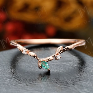 Bague feuille d'émeraude marquise, bague empilable en or massif 14 carats / Bague de promesse avec pierres précieuses vertes, bague en diamant véritable pavé, bague de mariage pour femme