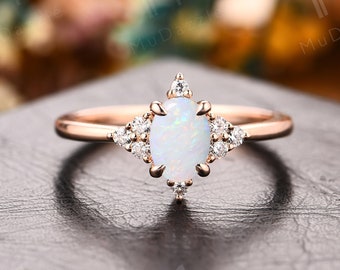 Vintage Natural Opal Ring// Elegant Anniversary Birthday Gift For Her// 14K Rose Gold White Opal Ring Engagement Promise Ring October Birth