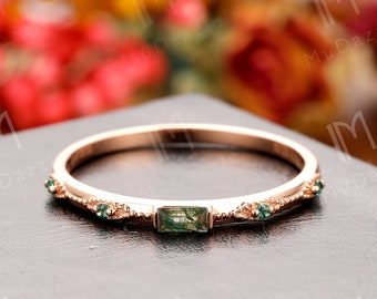 Filigree Moss Agate Ring, Vintage Baguette Engagement Ring