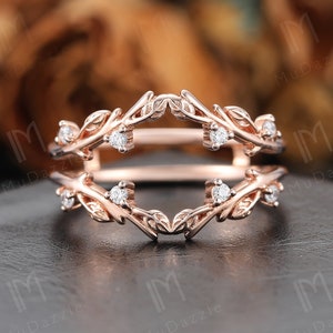 Nature inspired Moissanite Lab Diamond Stackable Ring Enhancer Anniversary Ring Mother&#39;s Day Gift// Leaf Curved Wedding Band Gold Ring Band