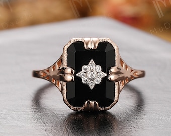Antique Black Onyx Ring, Emerald Cut Agate Womens Statement Anniversary Jewelry Gift