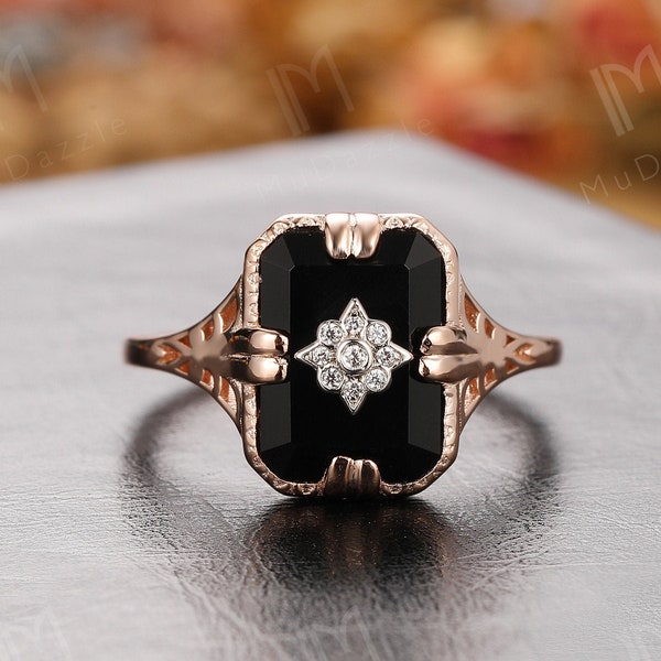 Unique Design Natural Onyx Ring// Antique Black Agate Engagement Ring// Black Gemstone Jewelry// Women's Event Ring//Black Onyx Wedding Ring