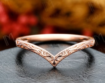 Womens Minimalist Ring For Her// Nature Inspired Contour Wedding Band 14K Gold// Unique Floral Curved Stackable Filigree Bridal Promise Ring