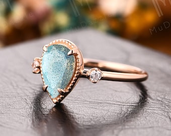 Vintage Pear Labradorite Ring, Rose Gold Art Deco Promise Ring