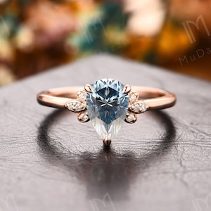 Antique Moissanite Ring// Vintage Pear Cut 6x9mm Light Blue Moissanite Engagement Promise Ring// Dainty Cyan Blue Moissanite Ring Solid Gold