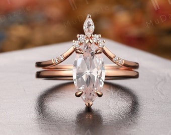 6x12mm Marquise Cut Moissanite Bridal Set Rose Gold// Vintage Moissanite Wedding Ring Set// Simulated Diamond Ring Set// Engagement Ring Set