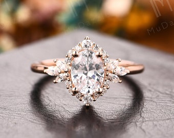 Cocktail Moissanite Ring//Art Deco 1.5CT ovale Moissanite verlovingsring//gesimuleerde Diamond Wedding Ring//vintage jubileumring