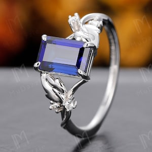 2.5CT Emerald Cut Blue Sapphire Cocktail Ring Engagement Ring//Royal Blue Sapphire Anniversary Ring for Women Branch Style Proposal Ring Her