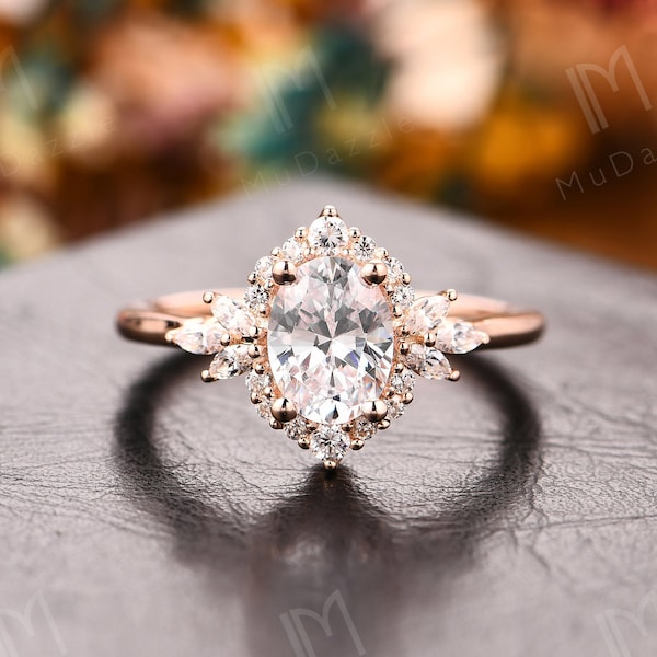 Cocktail Moissanite Ring// Art Deco 1.5CT Oval Shaped Moissanite Engagement Ring// Simulated Diamond Wedding Ring// Vintage Anniversary Ring