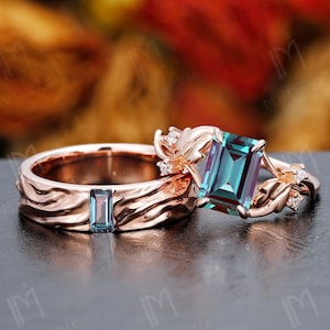 Baguette Cut Alexandrite Couple Wedding Ring Set Minimalist Gift Solid Rose Gold Men Solitaire Ring Band Women Alexandrite Engagement Ring